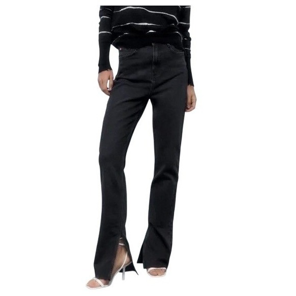 Zara Denim - ZARA Black High Waisted Split Hem Straight Leg Denim Jeans, Size 6 US, EUC